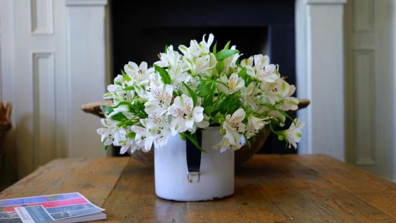 گل تازه روی میز چوبی